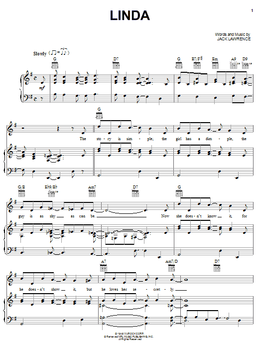 Learn to play Jack Lawrence Linda sheet music for Piano, Vocal & Guitar Chords (Right-Hand Melody) in minutes. Price: 7.8900$ Jack Lawrence Linda sheet music notes and chords arranged for Piano, Vocal & Guitar Chords (Right-Hand Melody)
