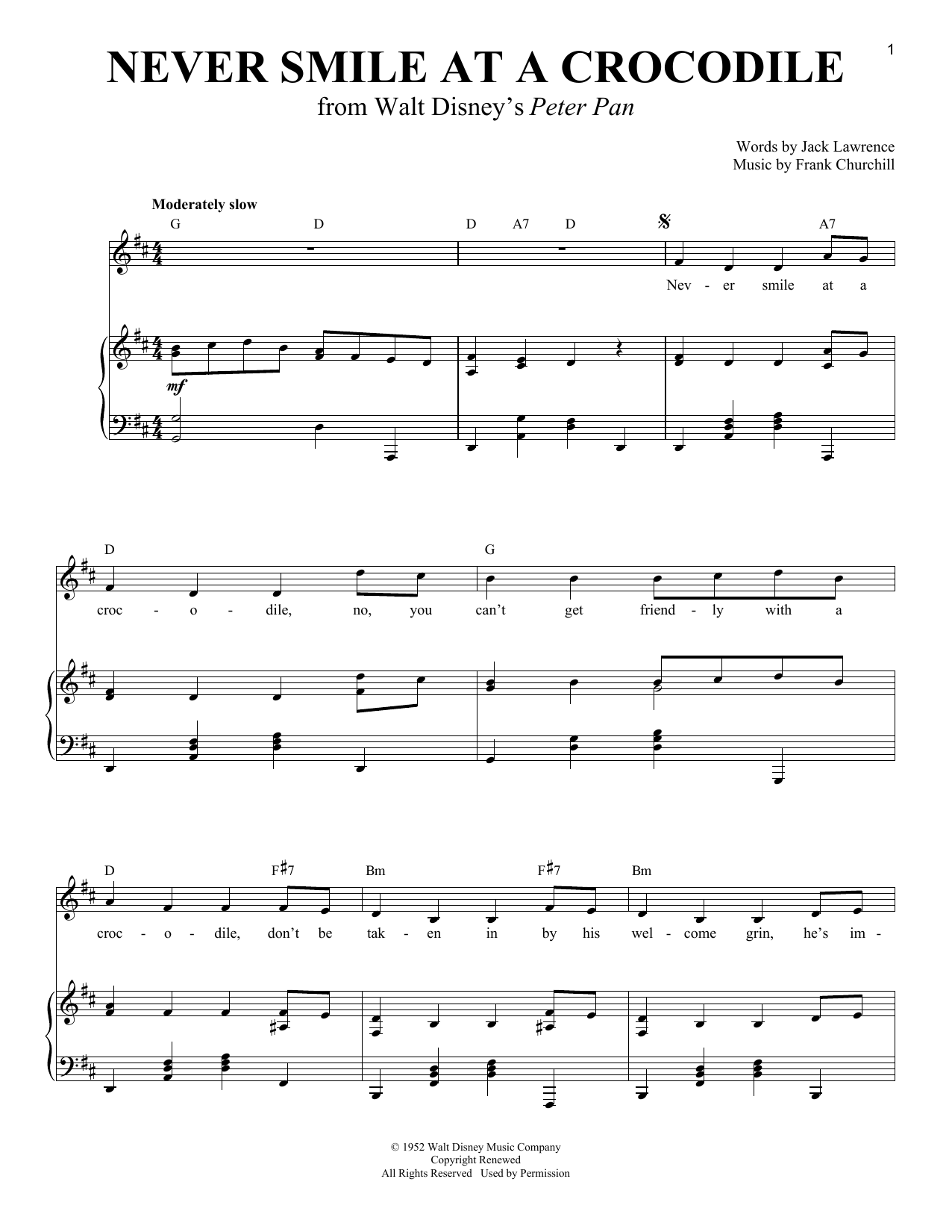 Learn to play Jack Lawrence Never Smile At A Crocodile sheet music for Vocal Duet in minutes. Price: 6.9900$ Jack Lawrence Never Smile At A Crocodile sheet music notes and chords arranged for Vocal Duet