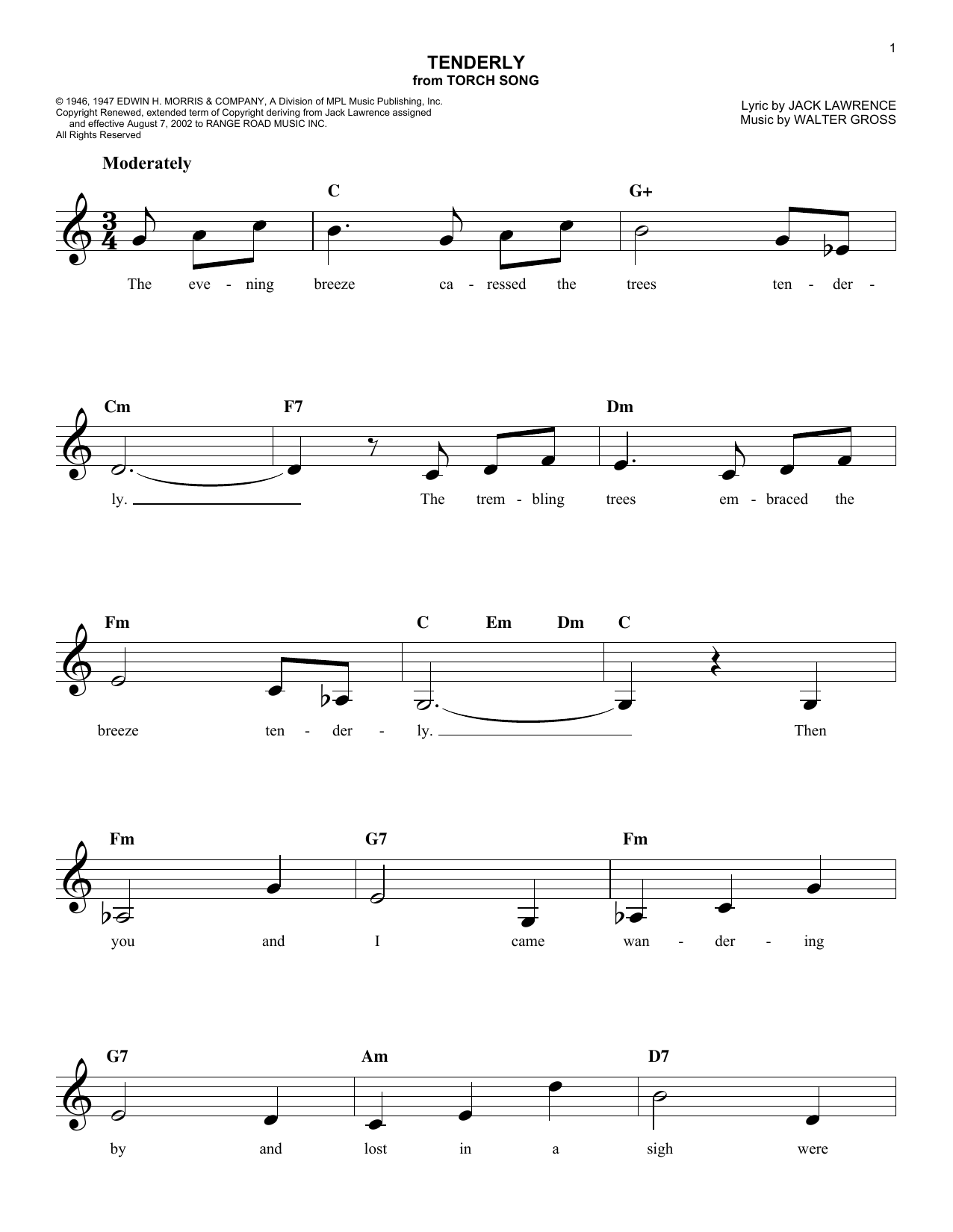 Jack Lawrence Tenderly sheet music notes and chords. Download Printable PDF.