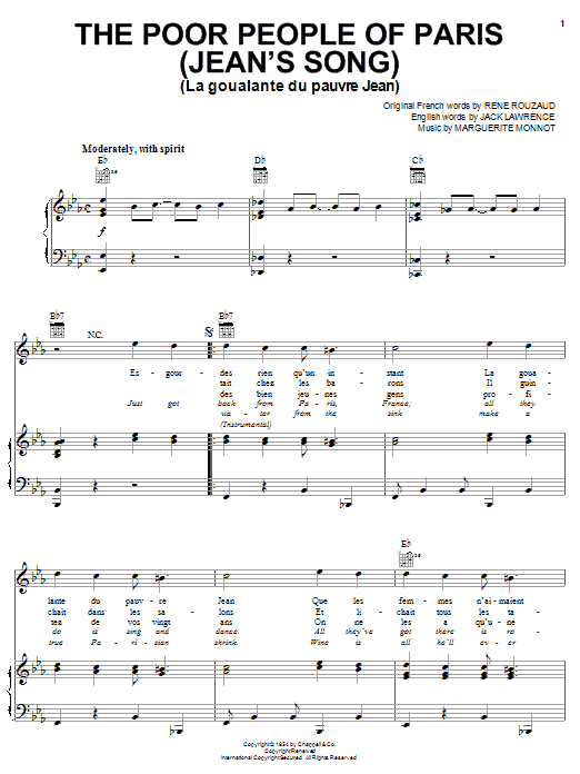 Learn to play Jack Lawrence The Poor People Of Paris (Jean's Song) sheet music for Piano, Vocal & Guitar Chords (Right-Hand Melody) in minutes. Price: 7.8900$ Jack Lawrence The Poor People Of Paris (Jean's Song) sheet music notes and chords arranged for Piano, Vocal & Guitar Chords (Right-Hand Melody)