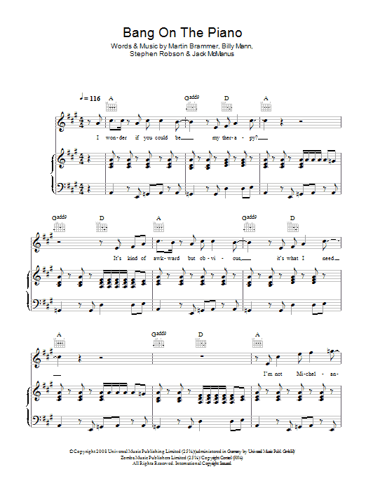 Learn to play Jack McManus Bang On The Piano sheet music for Piano, Vocal & Guitar Chords in minutes. Price: 7.8900$ Jack McManus Bang On The Piano sheet music notes and chords arranged for Piano, Vocal & Guitar Chords