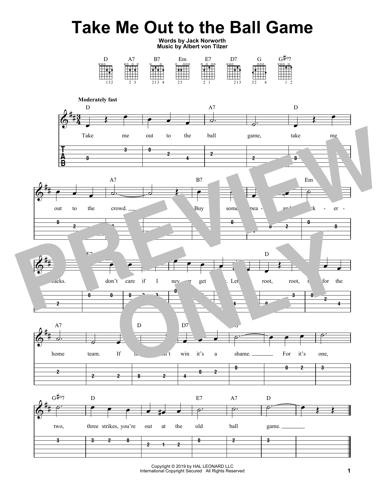 Jack Norworth and Albert von Tilzer Take Me Out To The Ball Game sheet music notes and chords. Download Printable PDF.