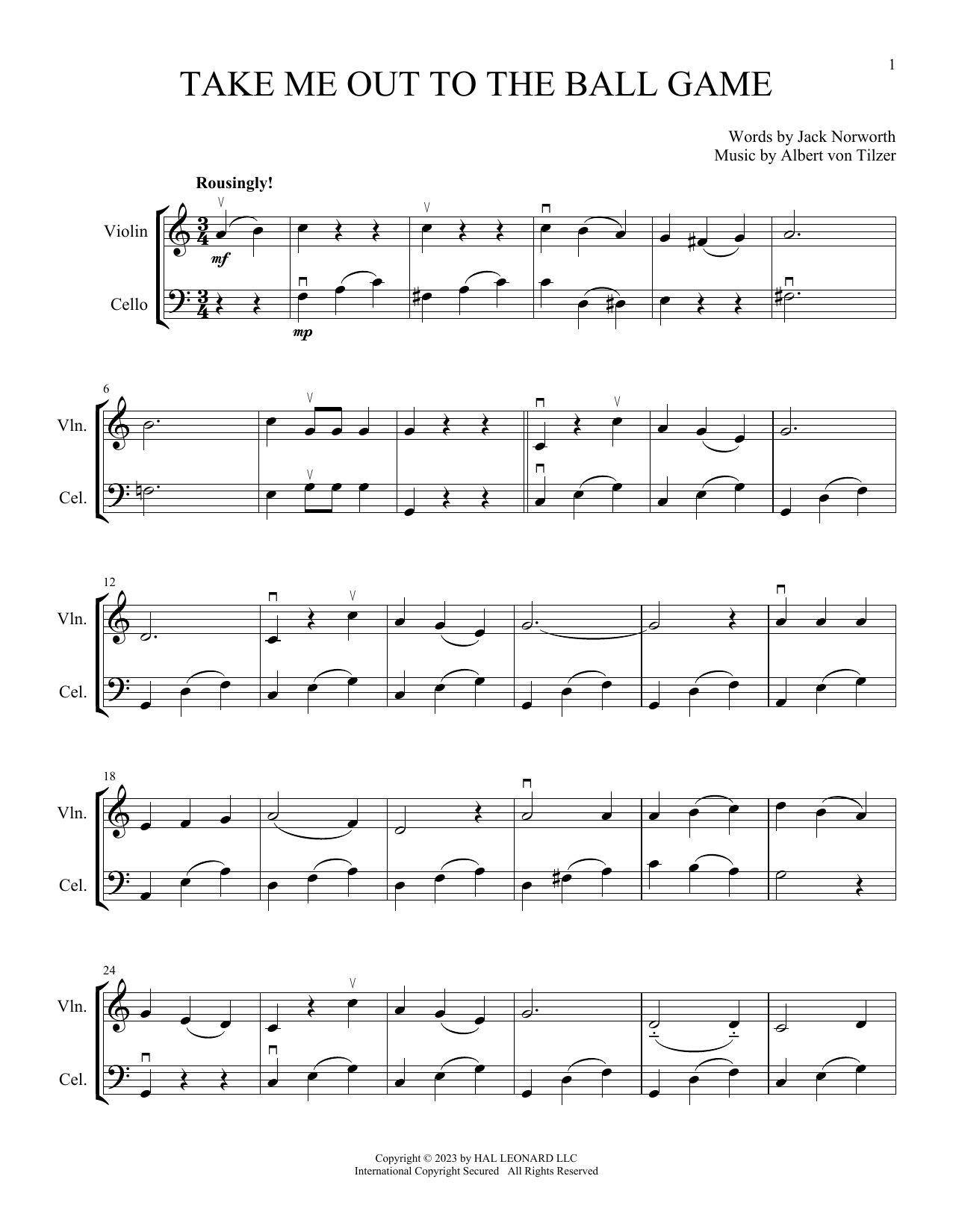 Jack Norworth Take Me Out To The Ball Game (arr. Michelle Hynson) sheet music notes and chords arranged for Instrumental Duet