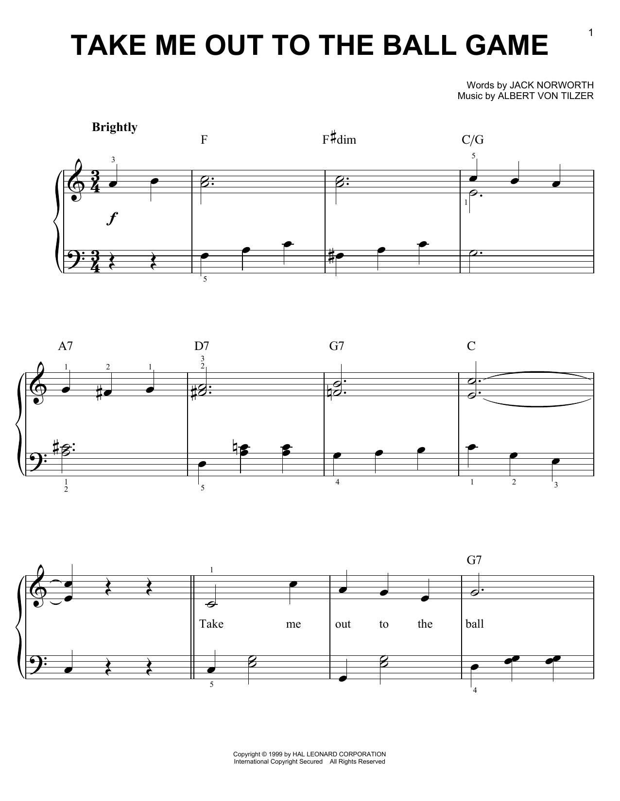 Jack Norworth Take Me Out To The Ball Game sheet music notes and chords. Download Printable PDF.