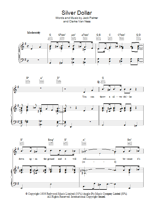 Learn to play Jack Palmer Silver Dollar sheet music for Piano, Vocal & Guitar Chords in minutes. Price: 7.8900$ Jack Palmer Silver Dollar sheet music notes and chords arranged for Piano, Vocal & Guitar Chords