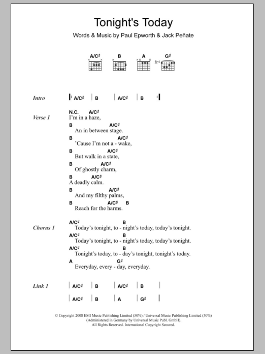 Jack Peñate Tonight's Today sheet music notes and chords. Download Printable PDF.