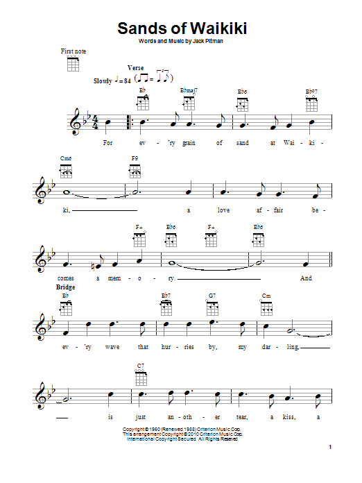 Jack Pitman Sands Of Waikiki sheet music notes and chords arranged for Ukulele Chords/Lyrics