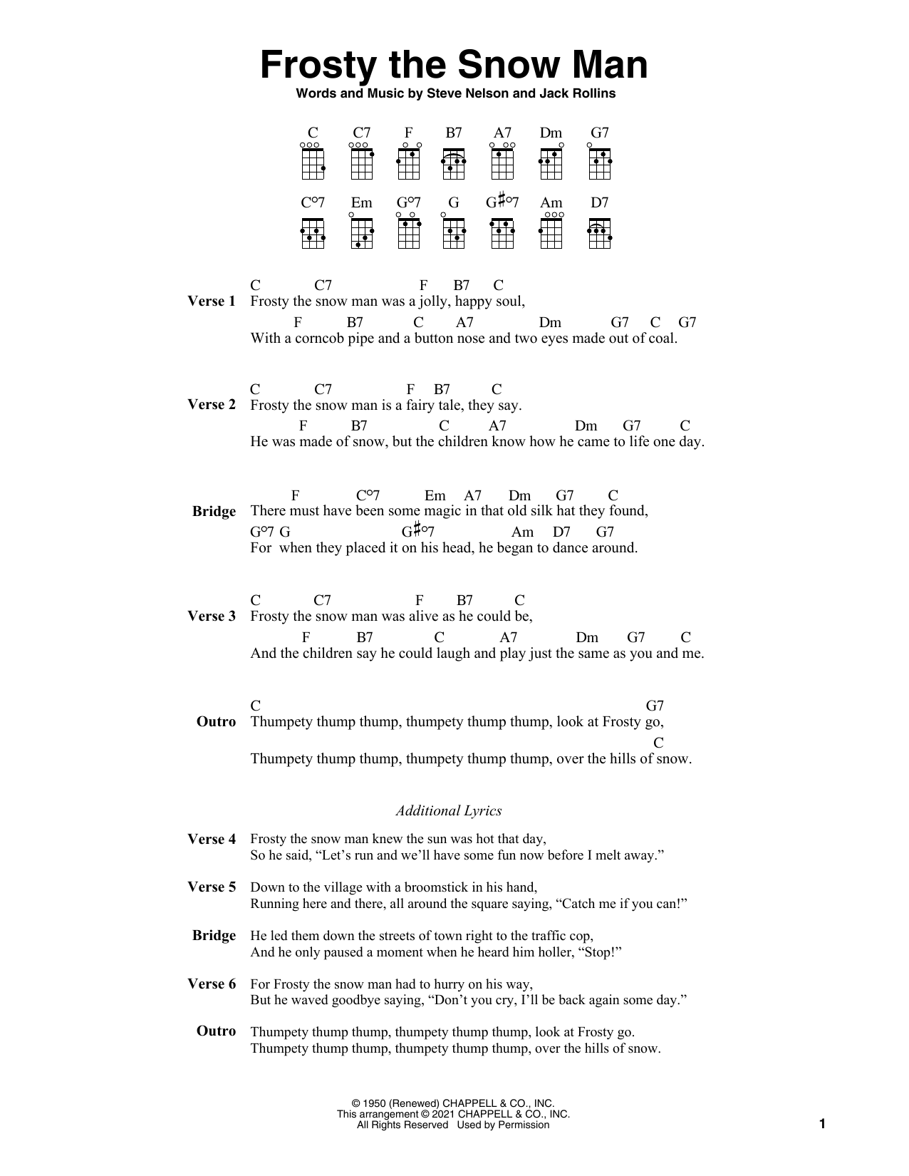 Learn to play Jack Rollins Frosty The Snow Man (arr. Fred Sokolow) sheet music for Ukulele in minutes. Price: 5.9900$ Jack Rollins Frosty The Snow Man (arr. Fred Sokolow) sheet music notes and chords arranged for Ukulele