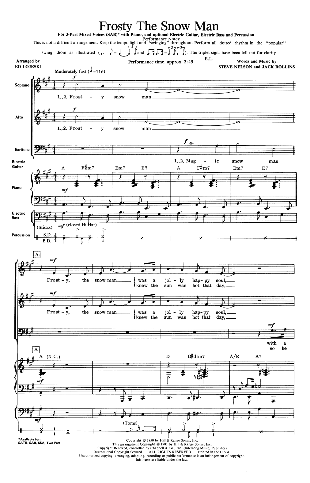 Jack Rollins & Steve Nelson Frosty The Snow Man (arr. Ed Lojeski) sheet music notes and chords. Download Printable PDF.