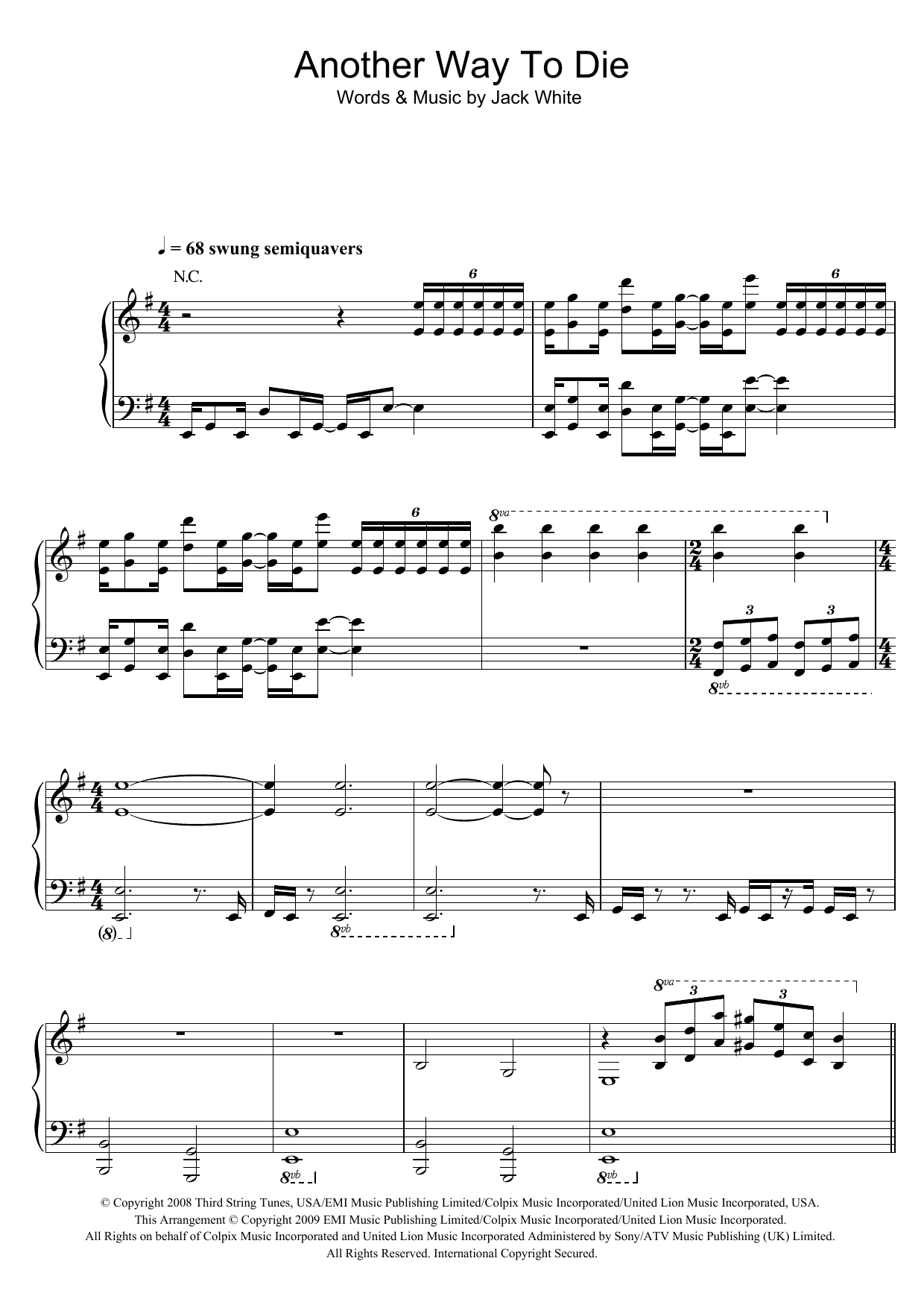 Jack White & Alicia Keys Another Way To Die (from James Bond: Quantum Of Solace) sheet music notes and chords. Download Printable PDF.