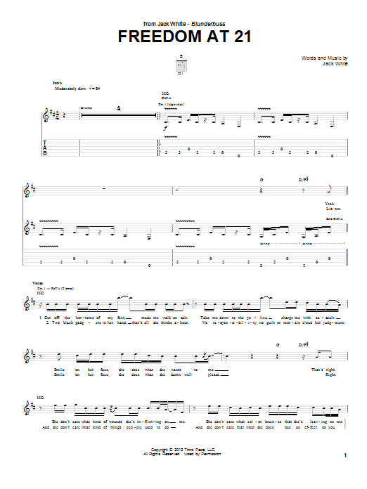 Learn to play Jack White Freedom At 21 sheet music for Guitar Tab in minutes. Price: 7.8900$ Jack White Freedom At 21 sheet music notes and chords arranged for Guitar Tab
