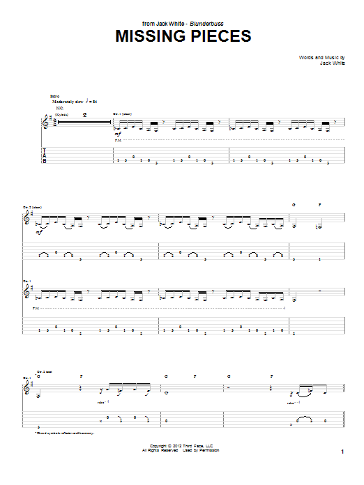 Learn to play Jack White Missing Pieces sheet music for Guitar Tab in minutes. Price: 7.8900$ Jack White Missing Pieces sheet music notes and chords arranged for Guitar Tab