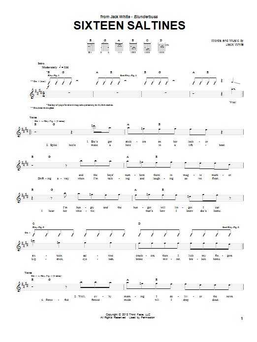 Learn to play Jack White Sixteen Saltines sheet music for Guitar Tab in minutes. Price: 7.8900$ Jack White Sixteen Saltines sheet music notes and chords arranged for Guitar Tab