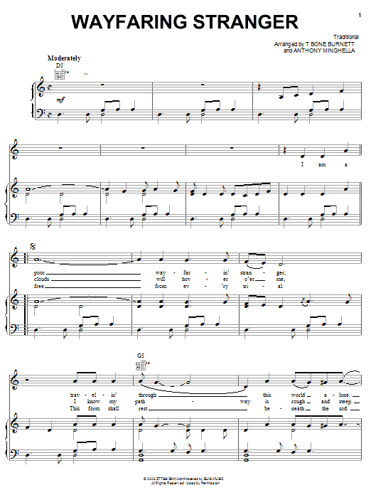 Jack White Wayfaring Stranger sheet music notes and chords arranged for Piano, Vocal & Guitar Chords (Right-Hand Melody)