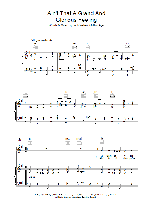 Learn to play Jack Yellen Ain't That A Grand And Glorious Feeling sheet music for Piano, Vocal & Guitar Chords in minutes. Price: 7.8900$ Jack Yellen Ain't That A Grand And Glorious Feeling sheet music notes and chords arranged for Piano, Vocal & Guitar Chords
