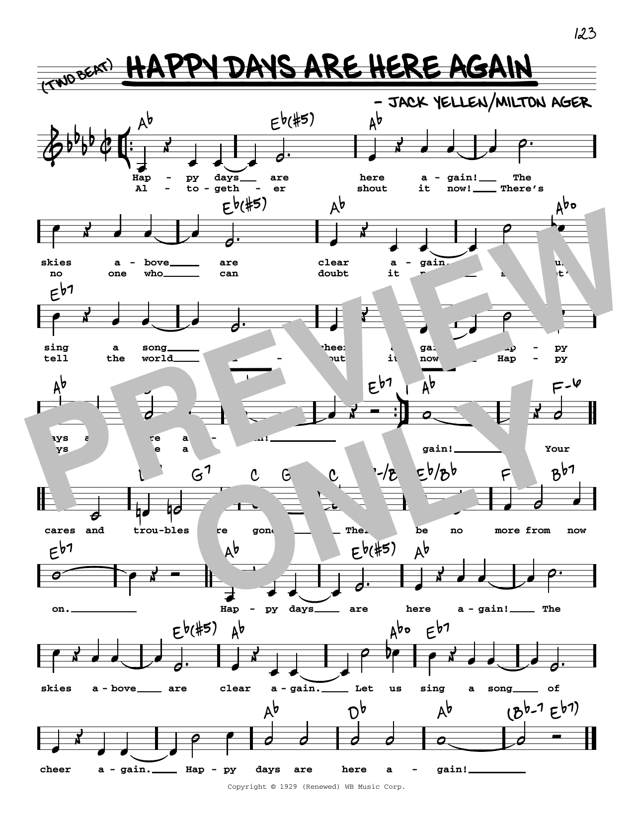 Jack Yellen and Milton Ager Happy Days Are Here Again (Low Voice) sheet music notes and chords. Download Printable PDF.