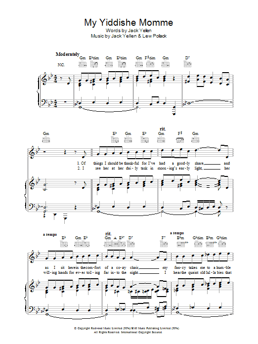 Learn to play Jack Yellen My Yiddishe Momme sheet music for Real Book – Melody & Chords in minutes. Price: 5.9900$ Jack Yellen My Yiddishe Momme sheet music notes and chords arranged for Real Book – Melody & Chords