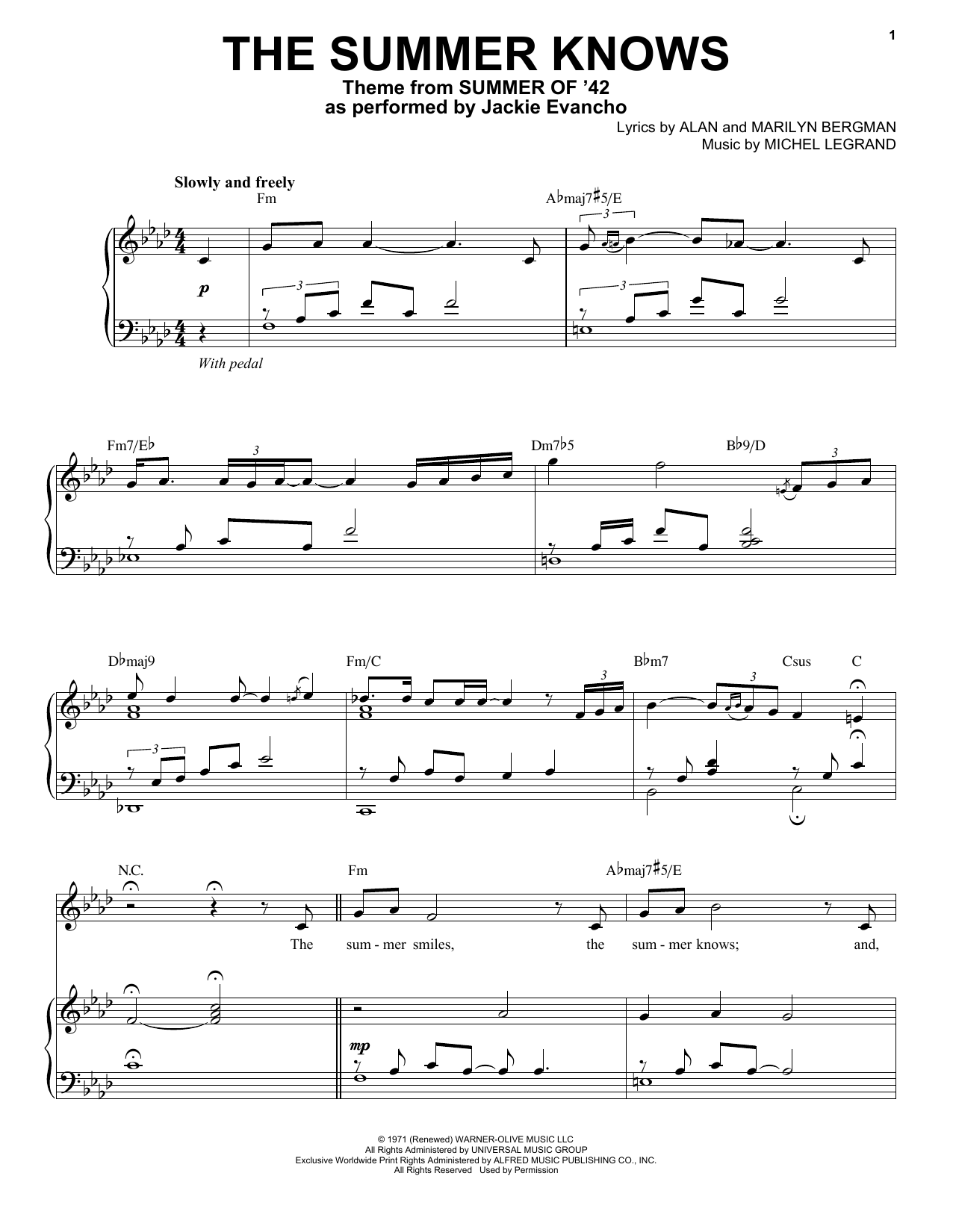 Jackie Evancho and Chris Botti The Summer Knows (Theme from Summer Of '42) sheet music notes and chords. Download Printable PDF.