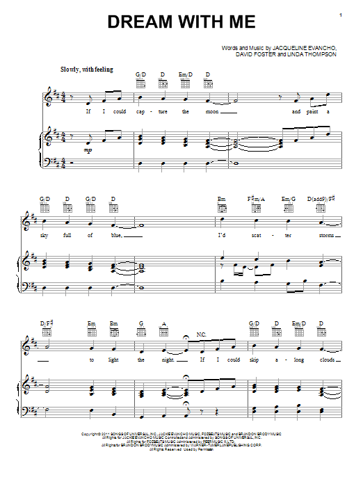 Learn to play Jackie Evancho Dream With Me sheet music for Piano, Vocal & Guitar Chords (Right-Hand Melody) in minutes. Price: 7.8900$ Jackie Evancho Dream With Me sheet music notes and chords arranged for Piano, Vocal & Guitar Chords (Right-Hand Melody)