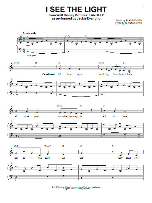 Learn to play Jackie Evancho I See The Light (from Disney's Tangled) sheet music for Piano & Vocal in minutes. Price: 7.8900$ Jackie Evancho I See The Light (from Disney's Tangled) sheet music notes and chords arranged for Piano & Vocal