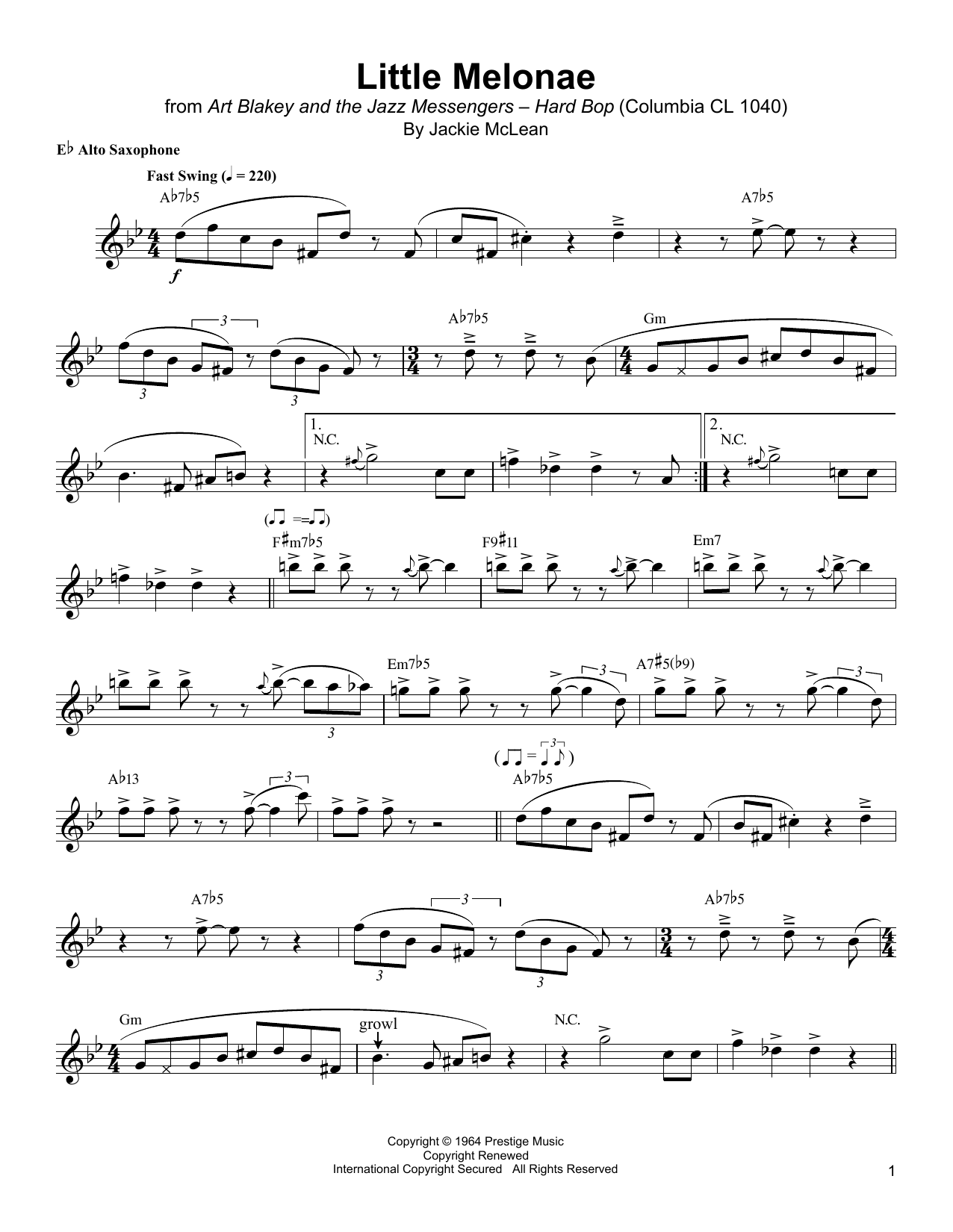 Jackie McLean Little Melonae sheet music notes and chords. Download Printable PDF.