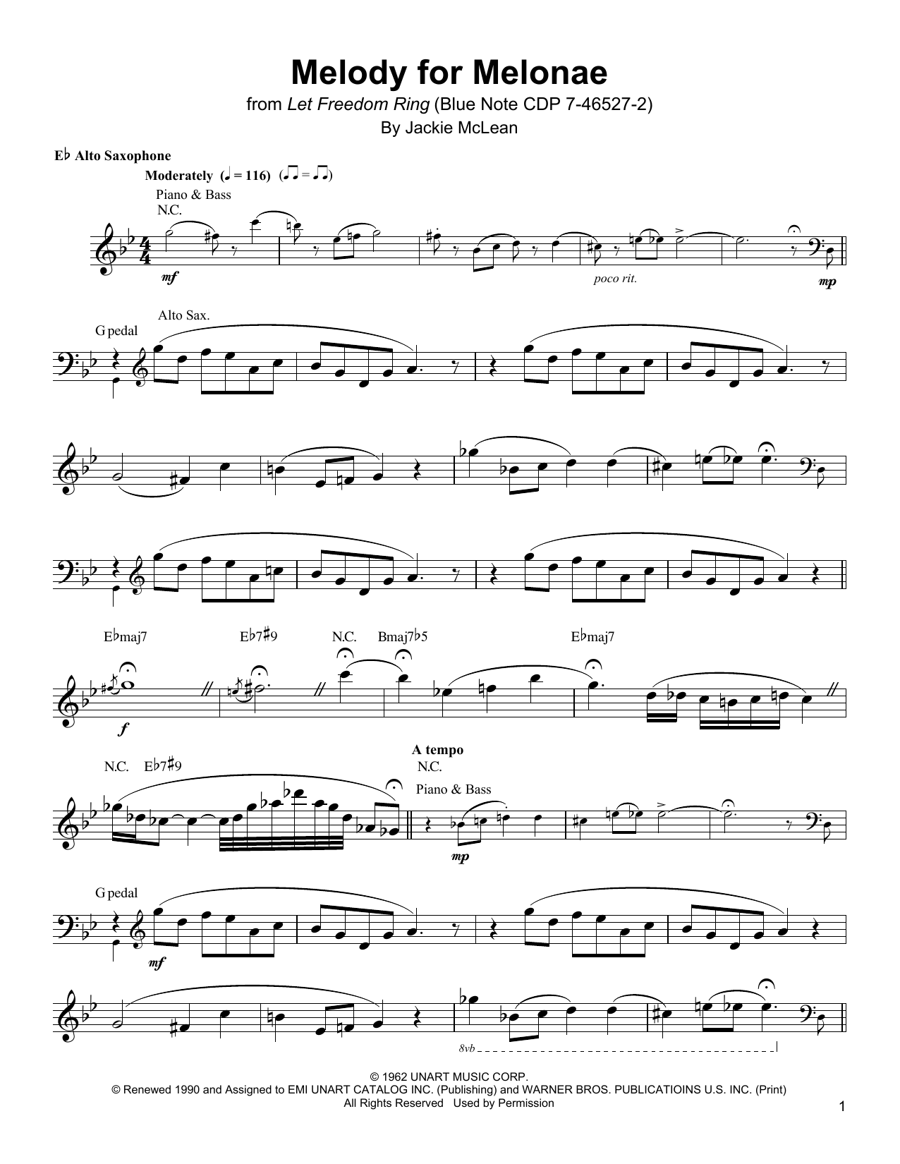 Jackie McLean Melody For Melonae sheet music notes and chords. Download Printable PDF.