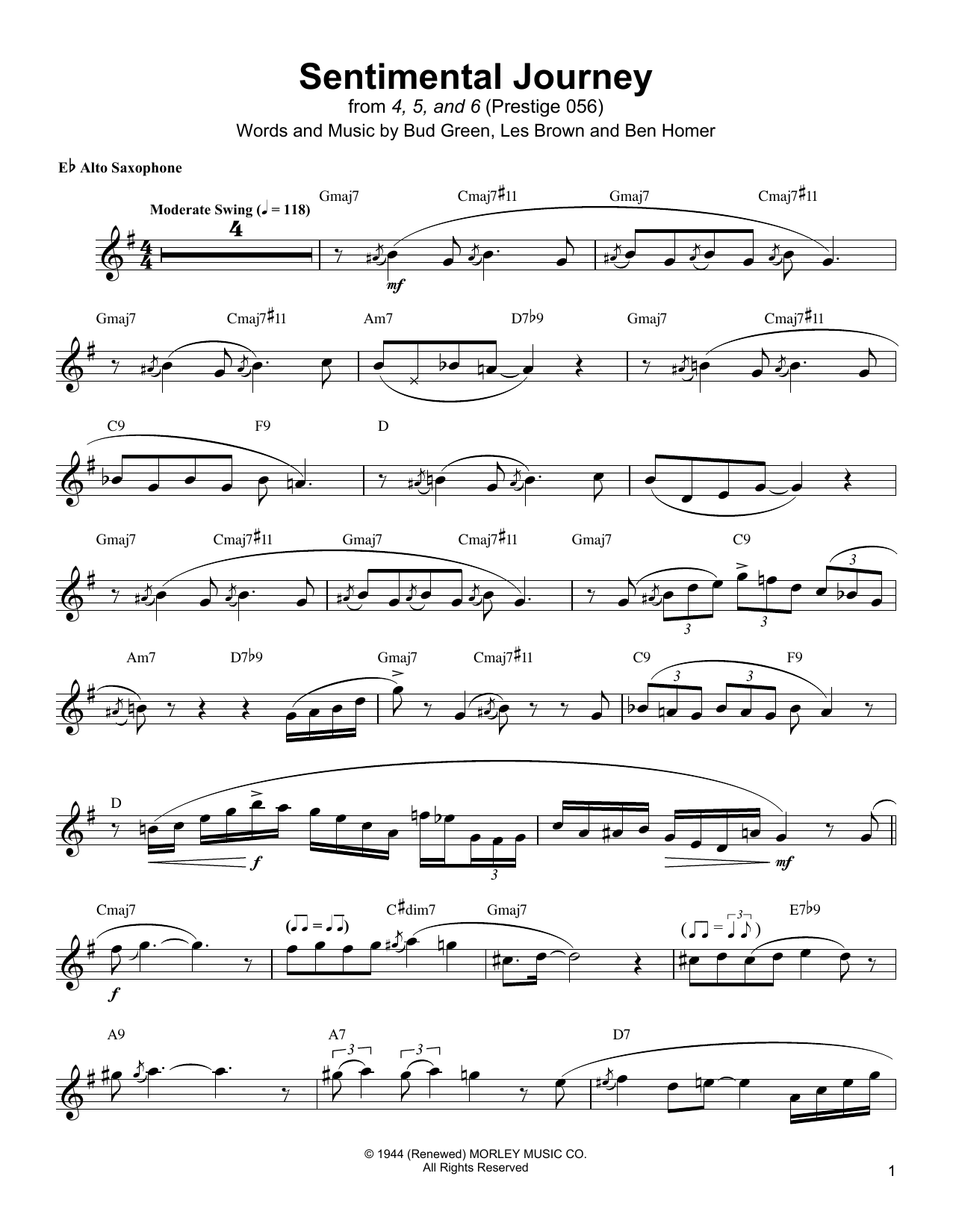 Jackie McLean Sentimental Journey sheet music notes and chords. Download Printable PDF.