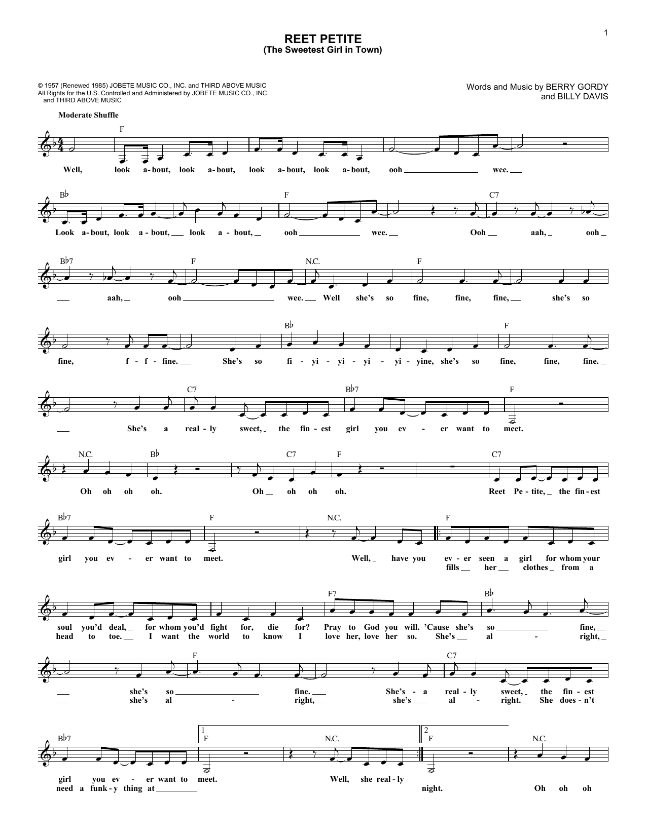 Jackie Wilson Reet Petite (The Sweetest Girl In Town) sheet music notes and chords. Download Printable PDF.