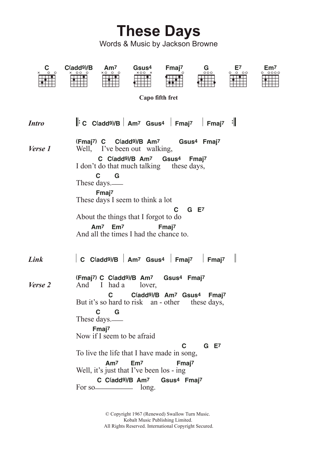 Jackson Browne These Days sheet music notes and chords. Download Printable PDF.