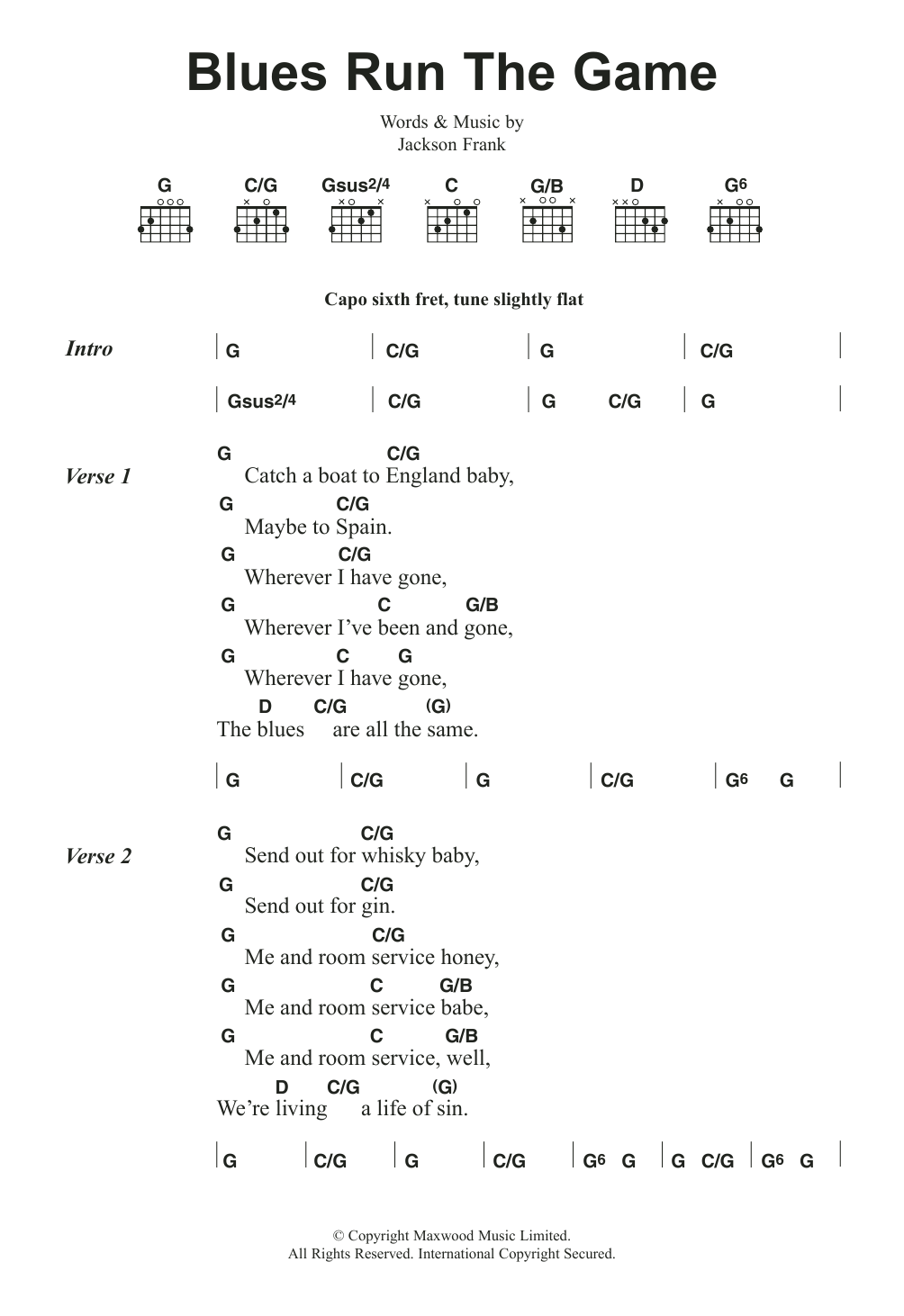 Jackson Frank Blues Run The Game sheet music notes and chords. Download Printable PDF.