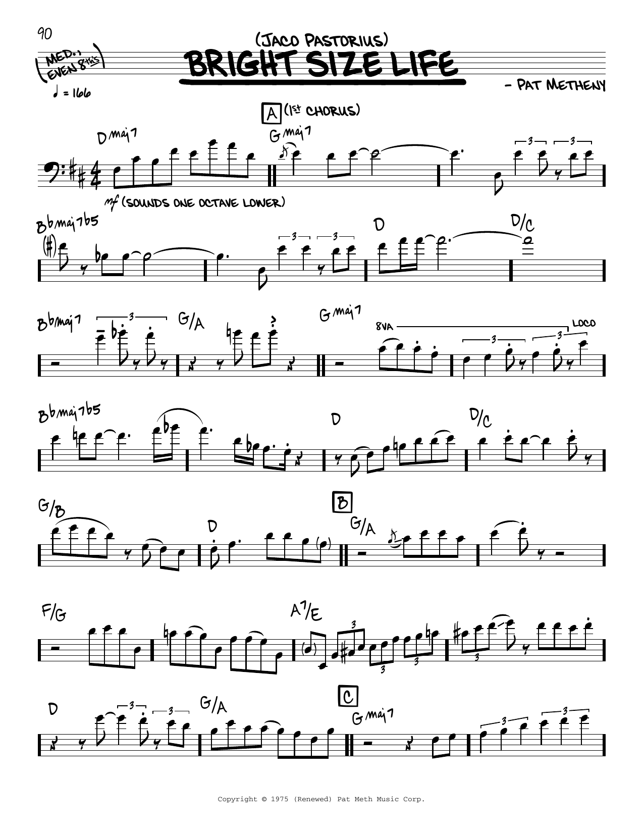 Jaco Pastorius Bright Size Life (solo only) sheet music notes and chords. Download Printable PDF.