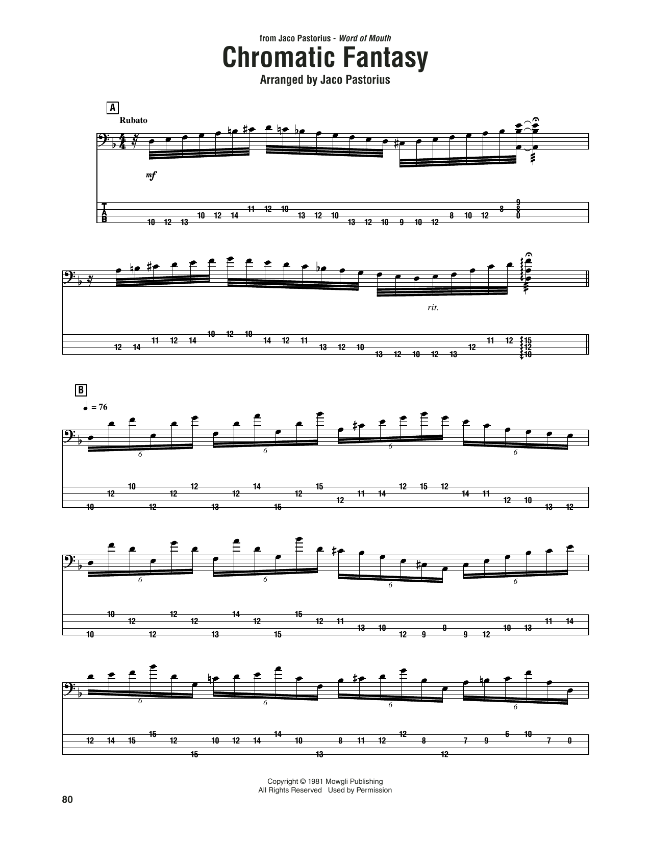 Jaco Pastorius Chromatic Fantasy sheet music notes and chords. Download Printable PDF.