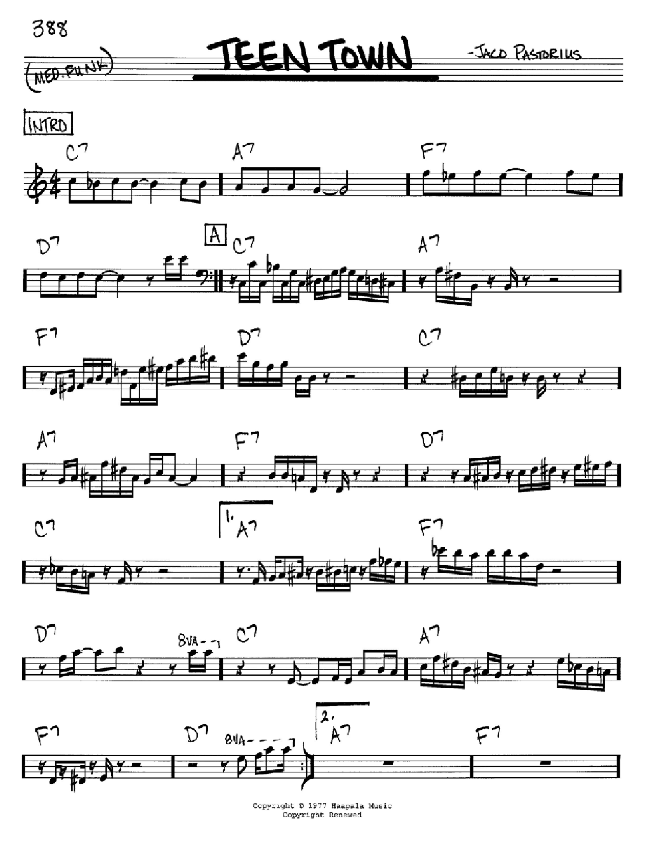 Jaco Pastorius Teen Town sheet music notes and chords arranged for Real Book – Melody & Chords – C Instruments