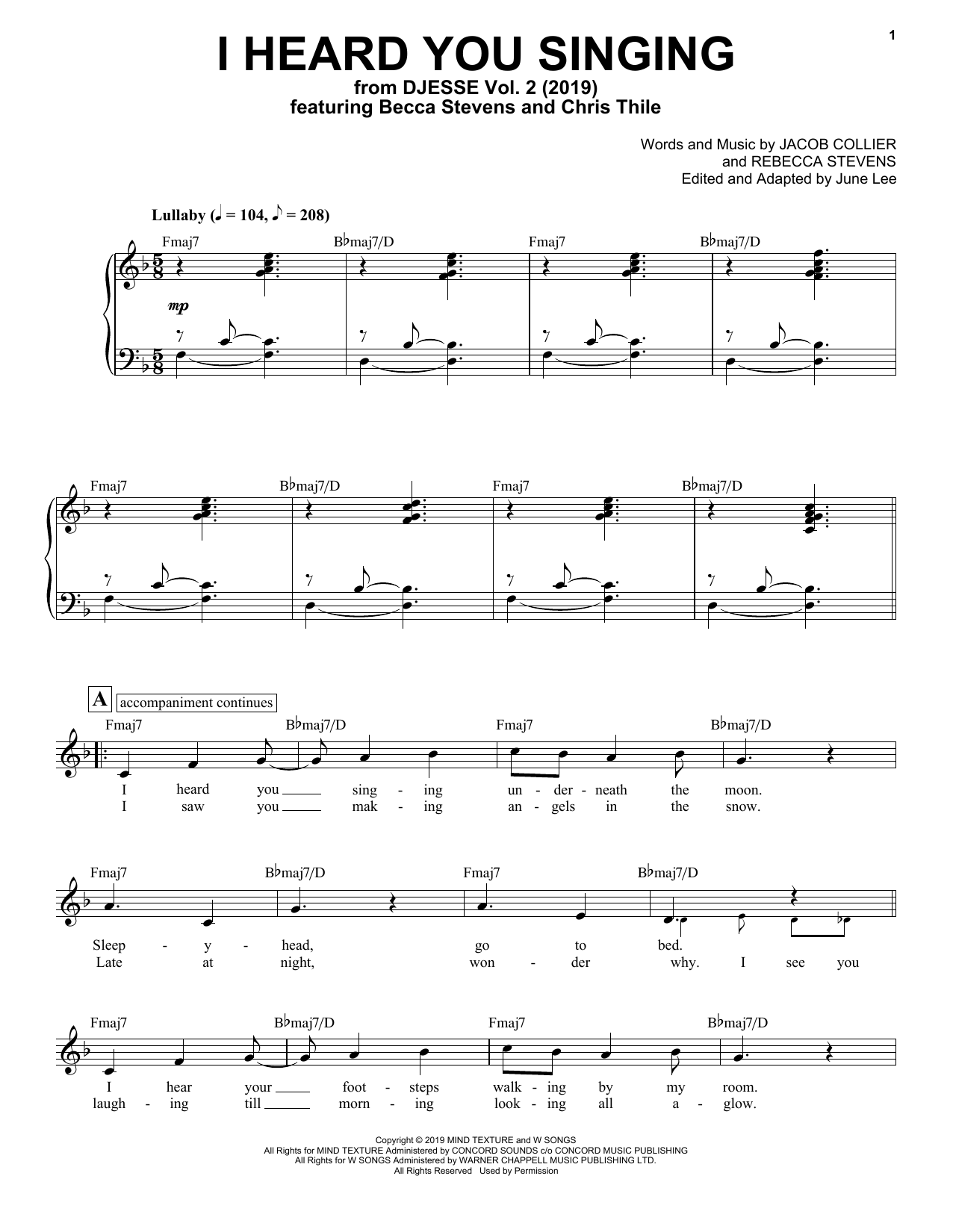 Jacob Collier I Heard You Singing (feat. Becca Stevens & Chris Thile) sheet music notes and chords. Download Printable PDF.