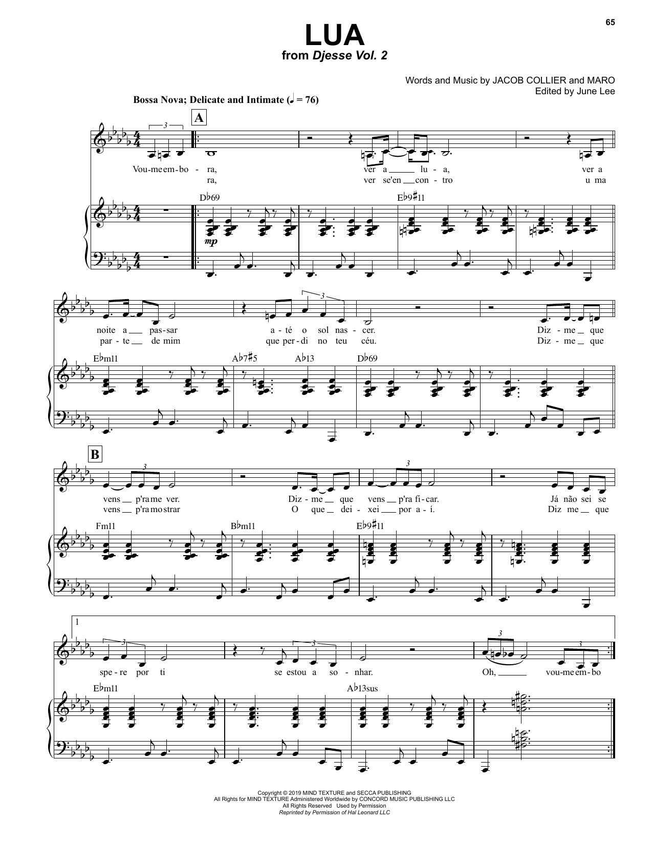 Jacob Collier Lua (feat. MARO) sheet music notes and chords. Download Printable PDF.