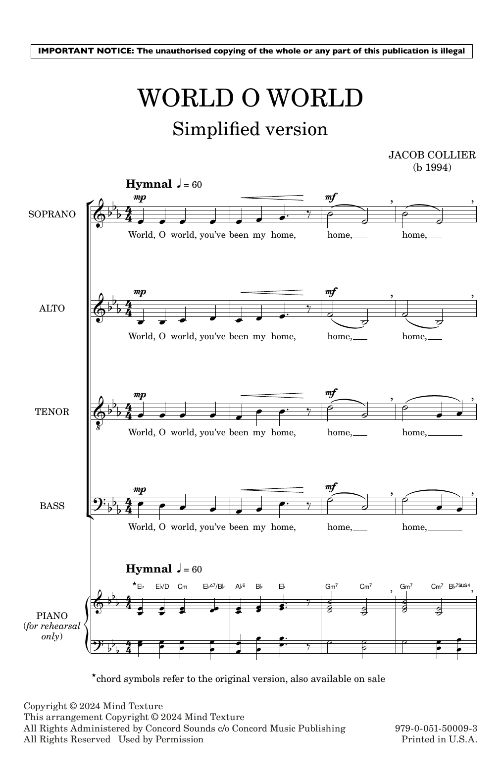 Jacob Collier World O World (Simplified version) sheet music notes and chords. Download Printable PDF.