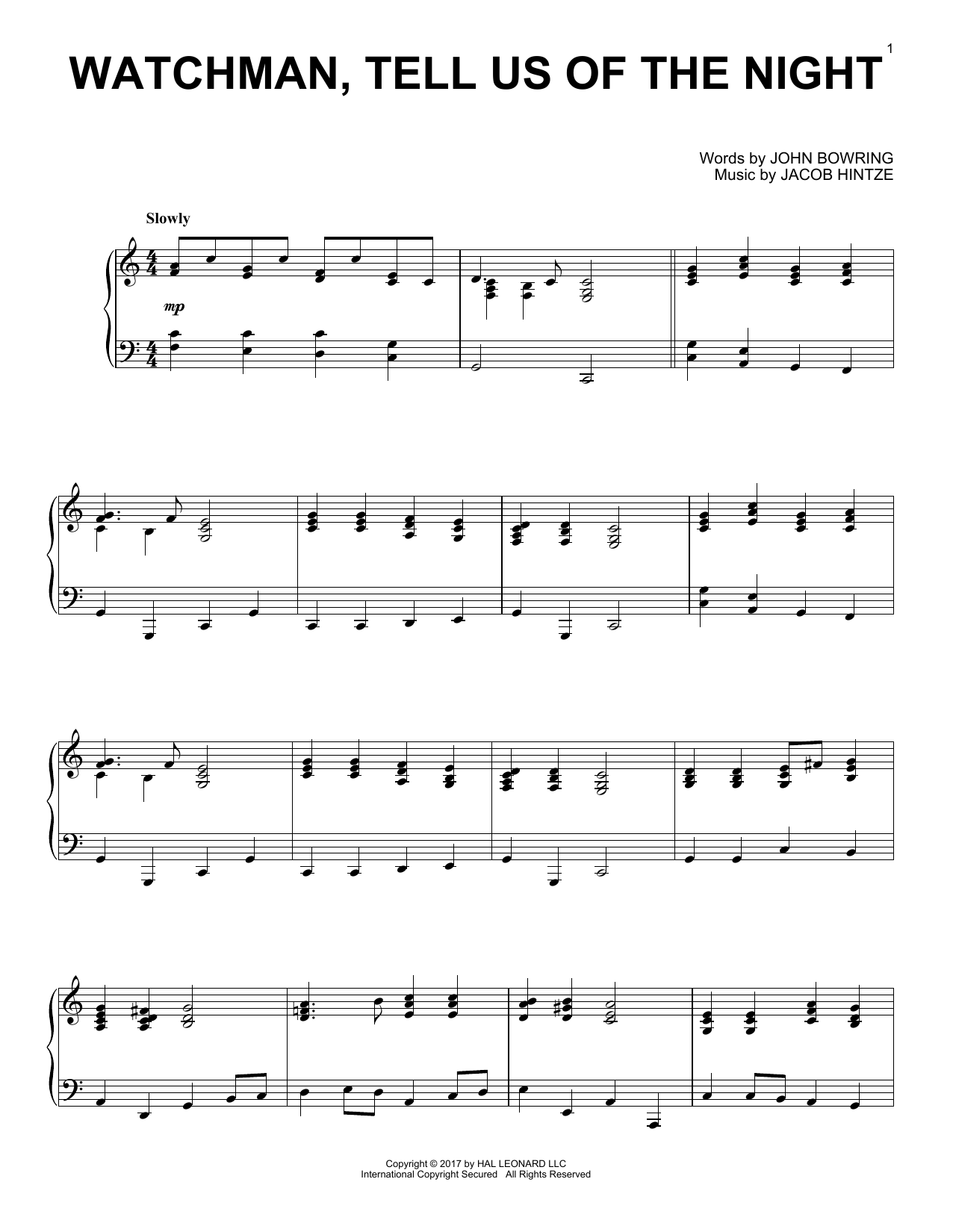 Jacob Hintze Watchman, Tell Us Of The Night sheet music notes and chords. Download Printable PDF.