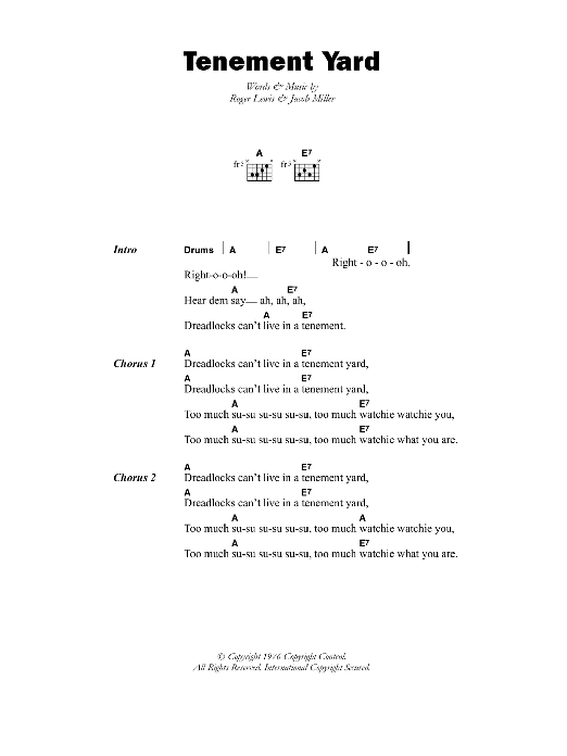 Jacob Miller Tenement Yard sheet music notes and chords. Download Printable PDF.