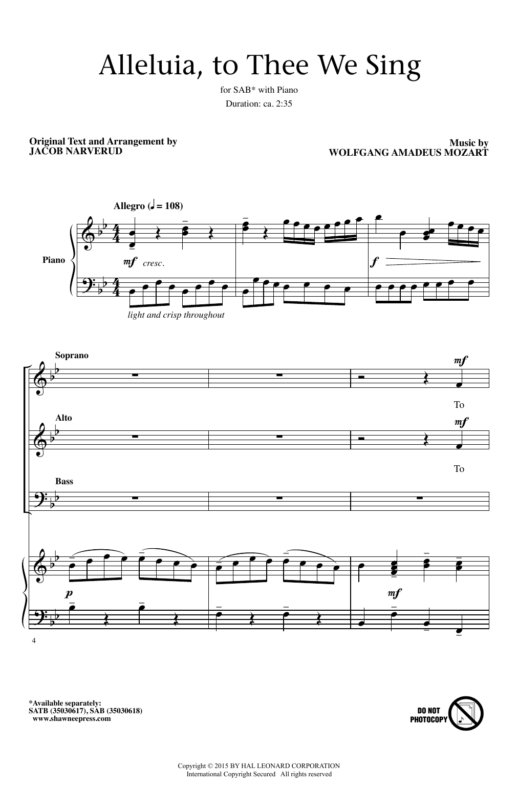 Wolfgang Amadeus Mozart Alleluia, To Thee We Sing (arr. Jacob Narverud) sheet music notes and chords arranged for SAB Choir