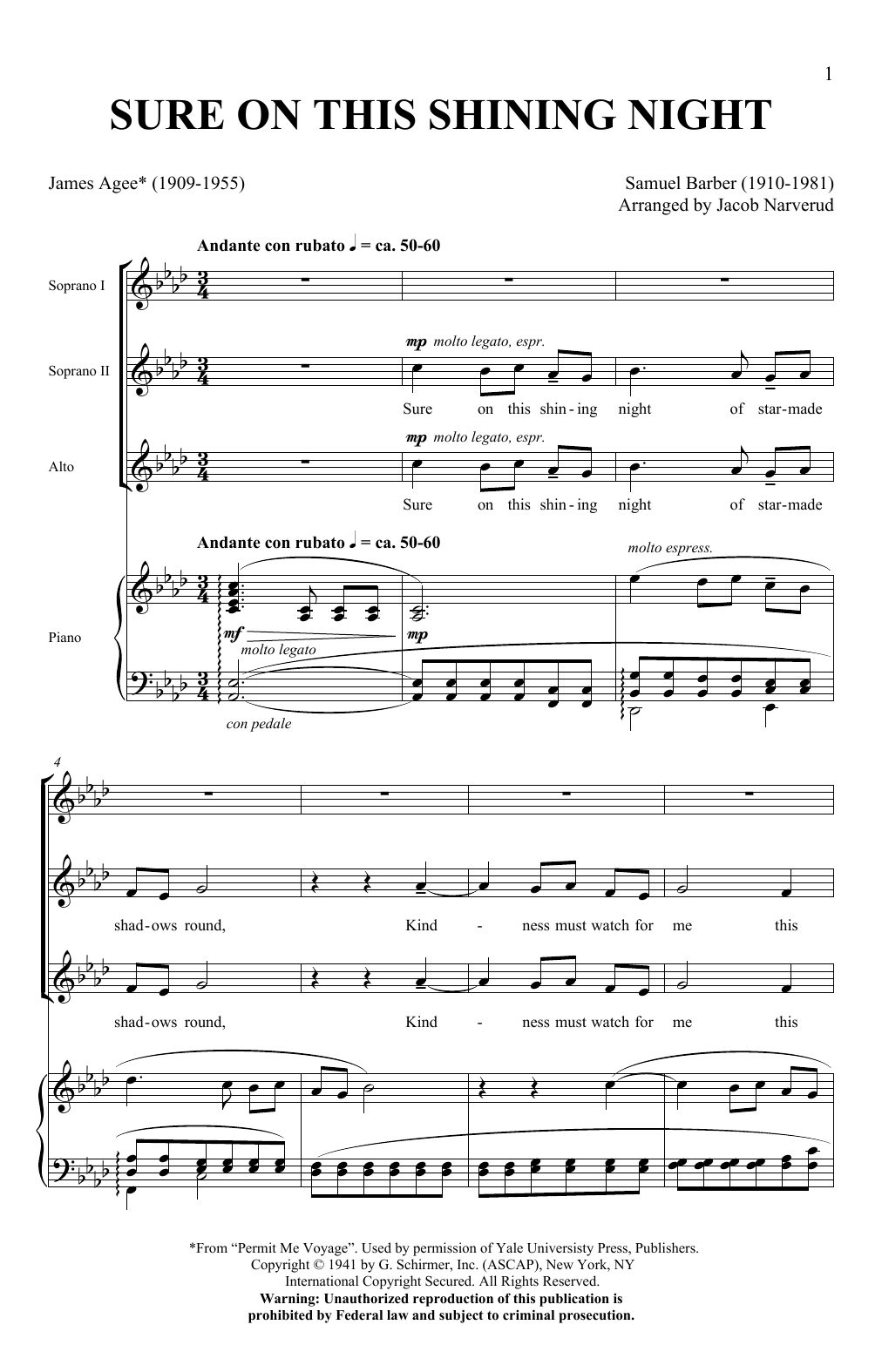 Jacob Narverud Sure On This Shining Night sheet music notes and chords. Download Printable PDF.