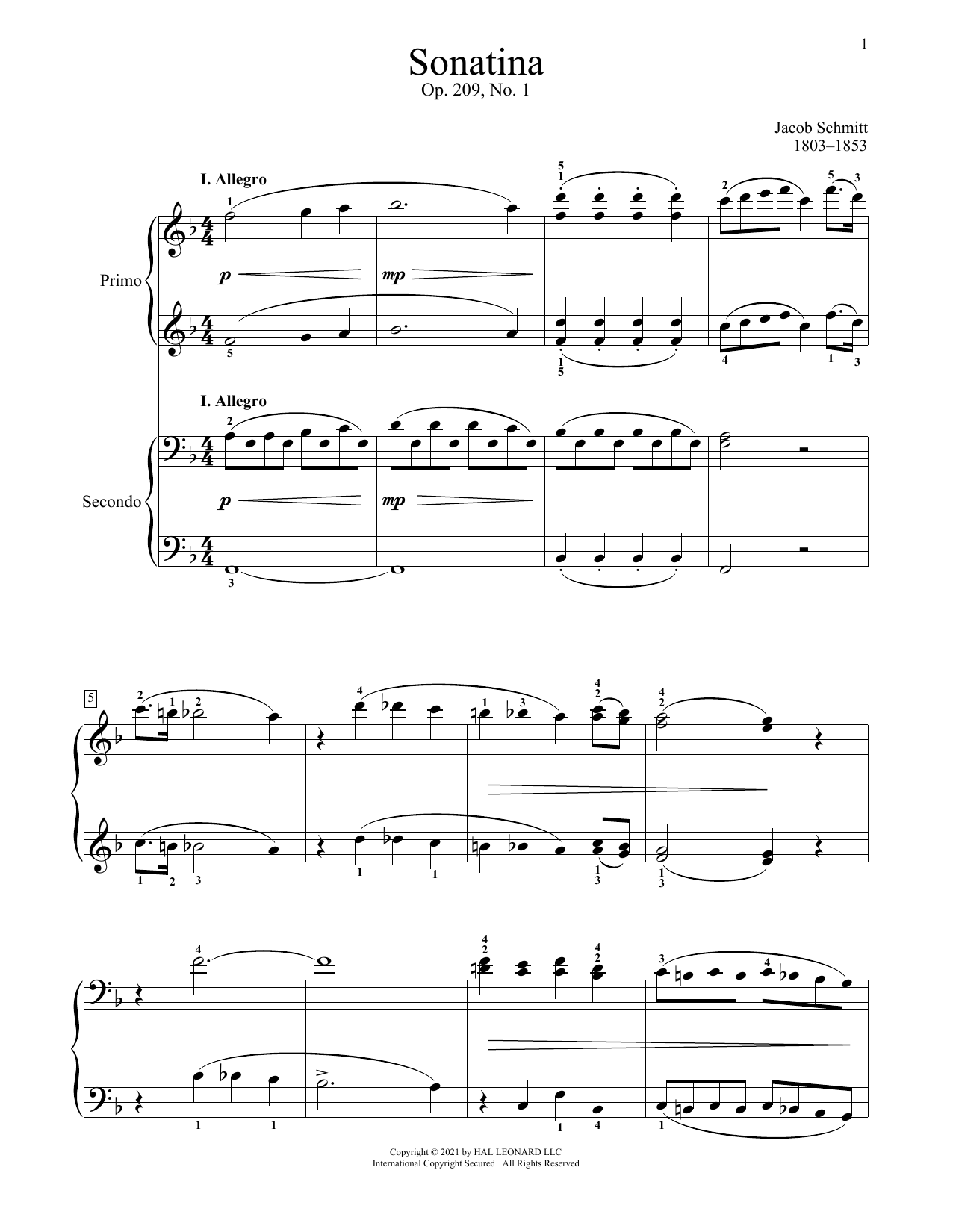 Learn to play Jacob Schmitt Sonatina, Op. 209, No. 1, I. Allegro sheet music for Piano Duet in minutes. Price: 7.8900$ Jacob Schmitt Sonatina, Op. 209, No. 1, I. Allegro sheet music notes and chords arranged for Piano Duet