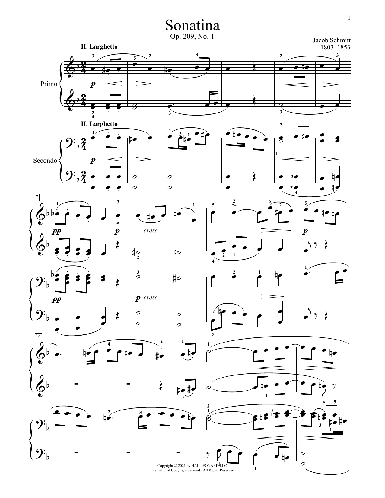 Learn to play Jacob Schmitt Sonatina, Op. 209, No. 1, II. Larghetto sheet music for Piano Duet in minutes. Price: 7.8900$ Jacob Schmitt Sonatina, Op. 209, No. 1, II. Larghetto sheet music notes and chords arranged for Piano Duet