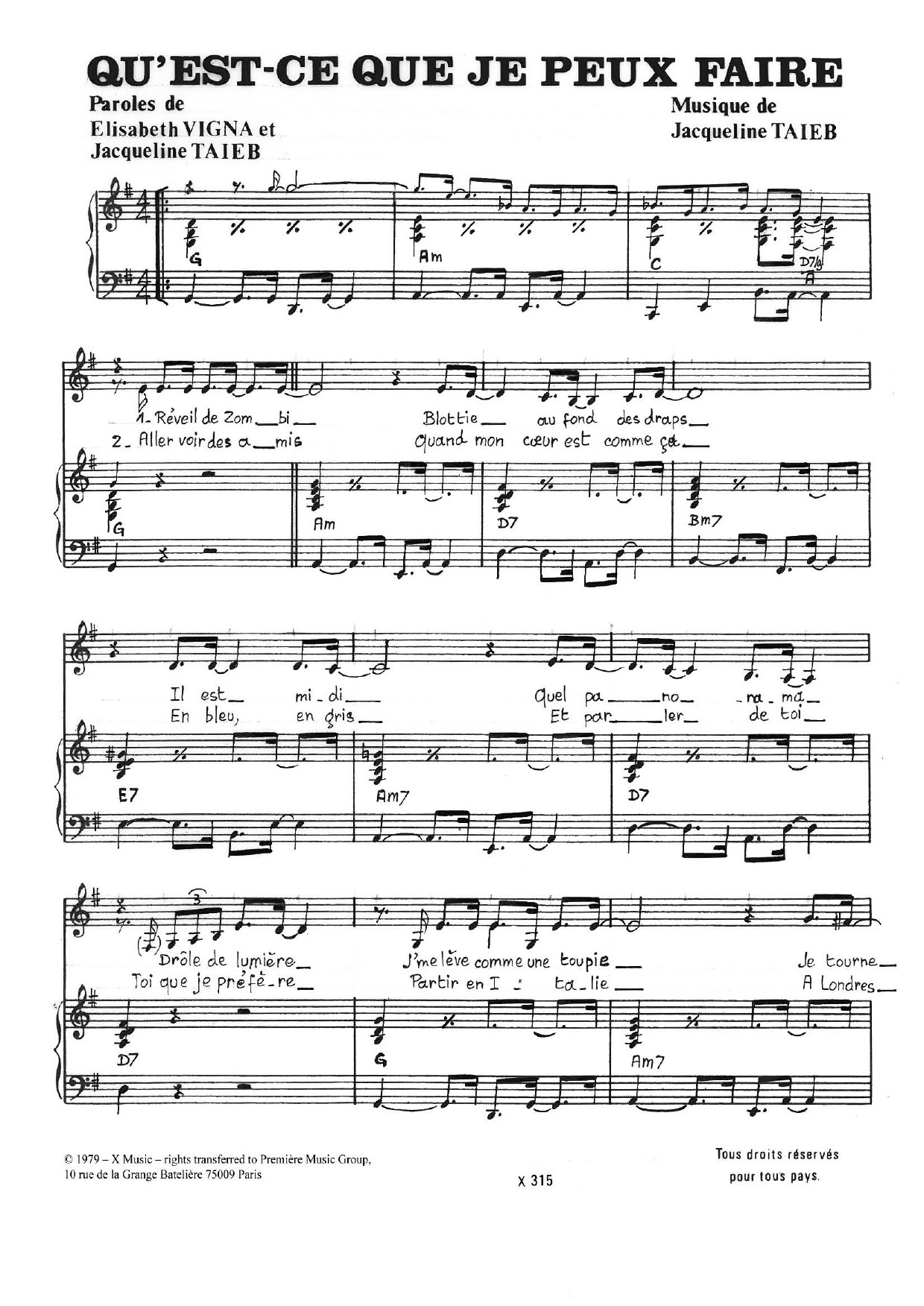 Learn to play Jacqueline Taieb Qu'est-Ce Que J'peux Faire sheet music for Piano & Vocal in minutes. Price: 7.8900$ Jacqueline Taieb Qu'est-Ce Que J'peux Faire sheet music notes and chords arranged for Piano & Vocal