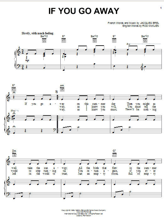 Jacques Brel If You Go Away sheet music notes and chords. Download Printable PDF.