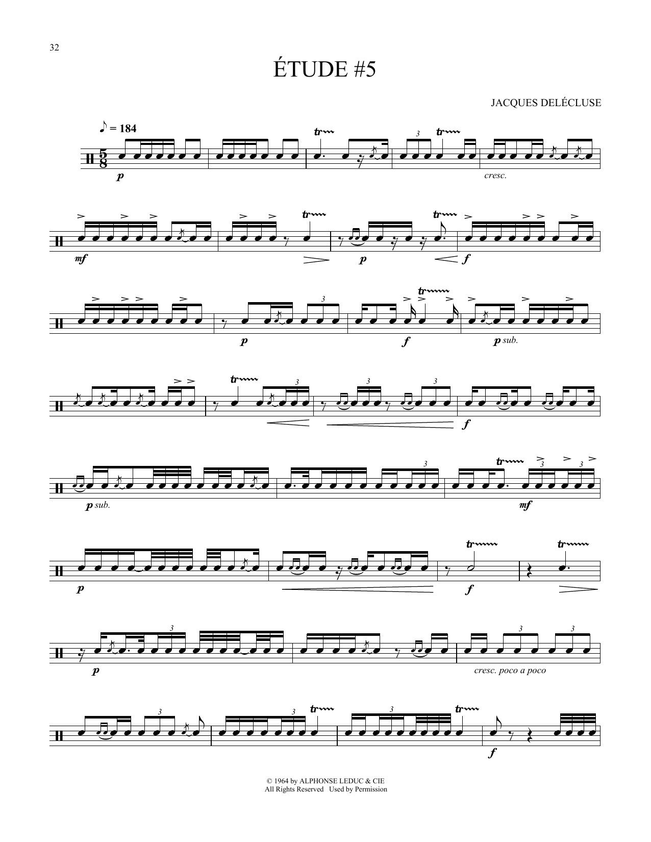 Learn to play Jacques Delecluse Etude #5 sheet music for Snare Drum Solo in minutes. Price: 6.9900$ Jacques Delecluse Etude #5 sheet music notes and chords arranged for Snare Drum Solo