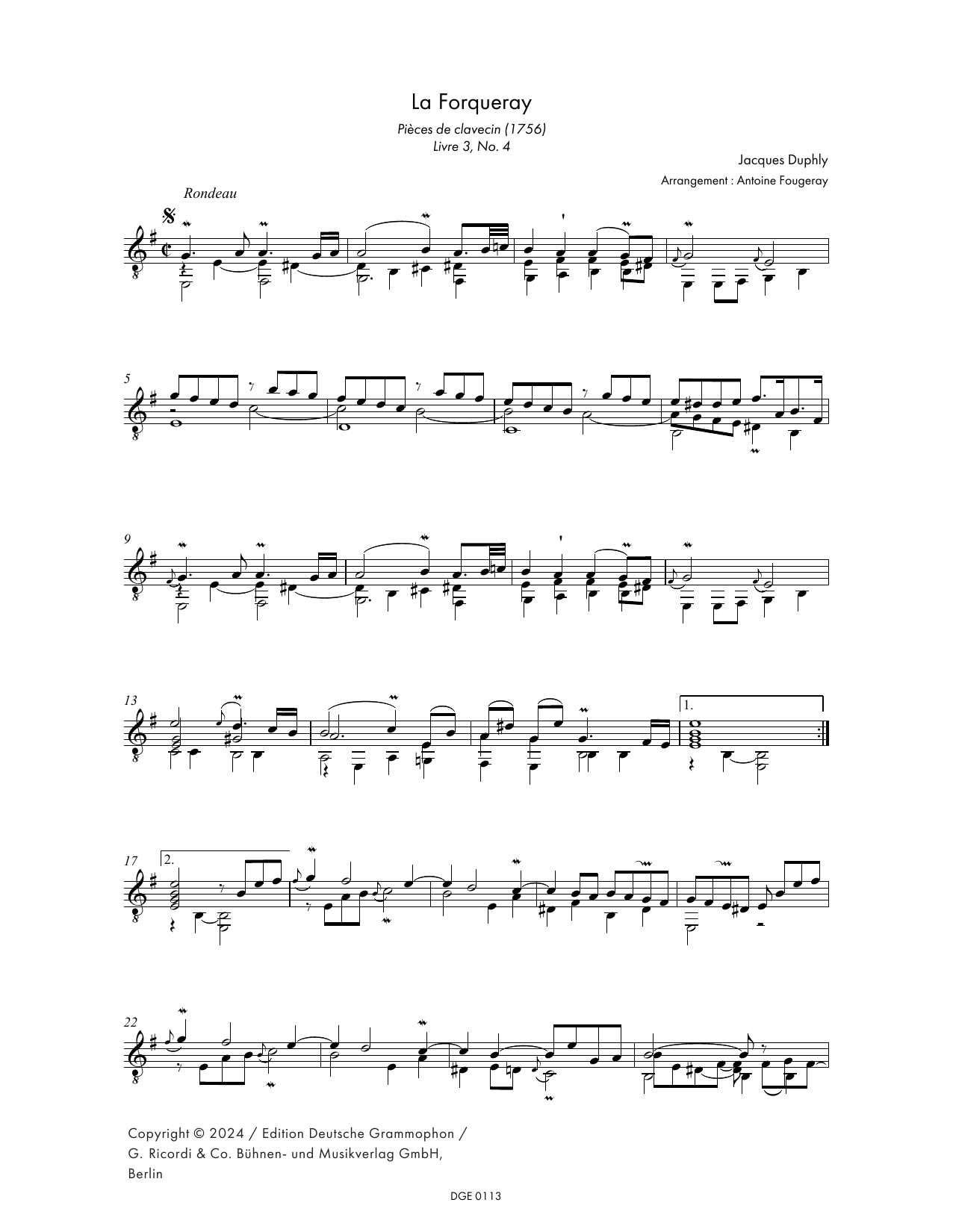 Learn to play Jacques Duphly La Fourqueray (arr. Antoine Fourgeray) sheet music for Solo Guitar in minutes. Price: 7.8900$ Jacques Duphly La Fourqueray (arr. Antoine Fourgeray) sheet music notes and chords arranged for Solo Guitar