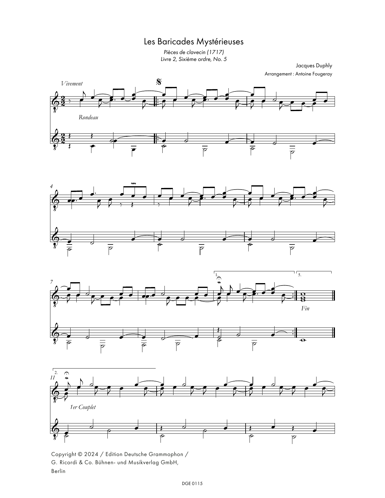 Learn to play Jacques Duphly Les Baricades Mystérieuses (arr. Antoine Fourgeray) sheet music for Guitar Ensemble in minutes. Price: 7.8900$ Jacques Duphly Les Baricades Mystérieuses (arr. Antoine Fourgeray) sheet music notes and chords arranged for Guitar Ensemble
