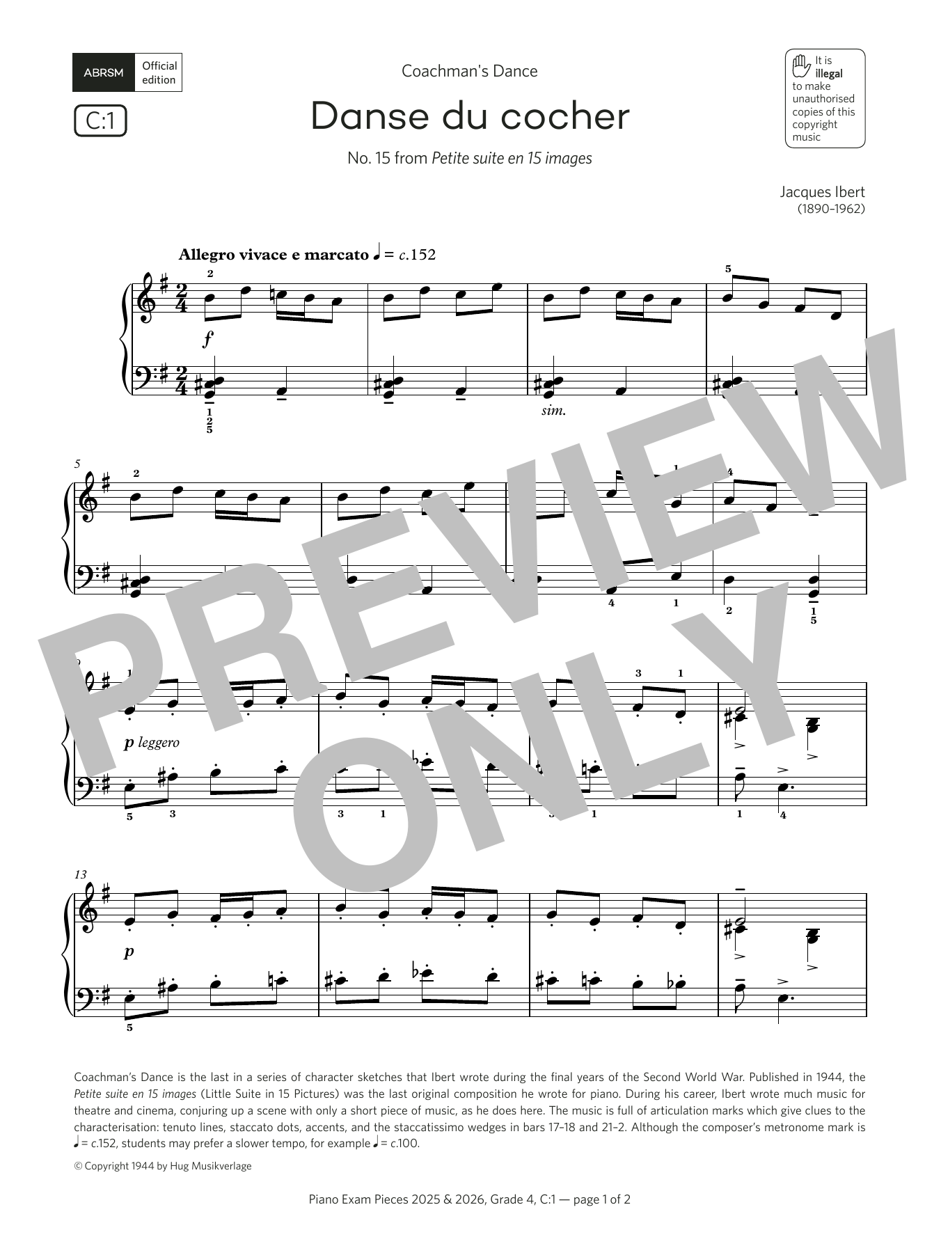 Jacques Ibert Danse du cocher (Grade 4, list C1, from the ABRSM Piano Syllabus 2025 & 2026) sheet music notes and chords. Download Printable PDF.