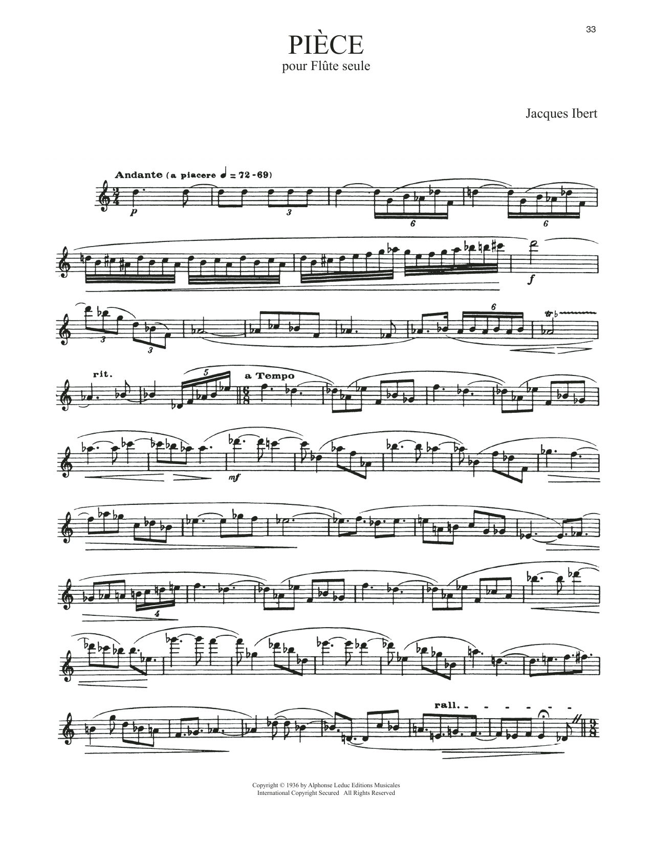 Jacques Ibert Piece Pour Flute Seule sheet music notes and chords. Download Printable PDF.