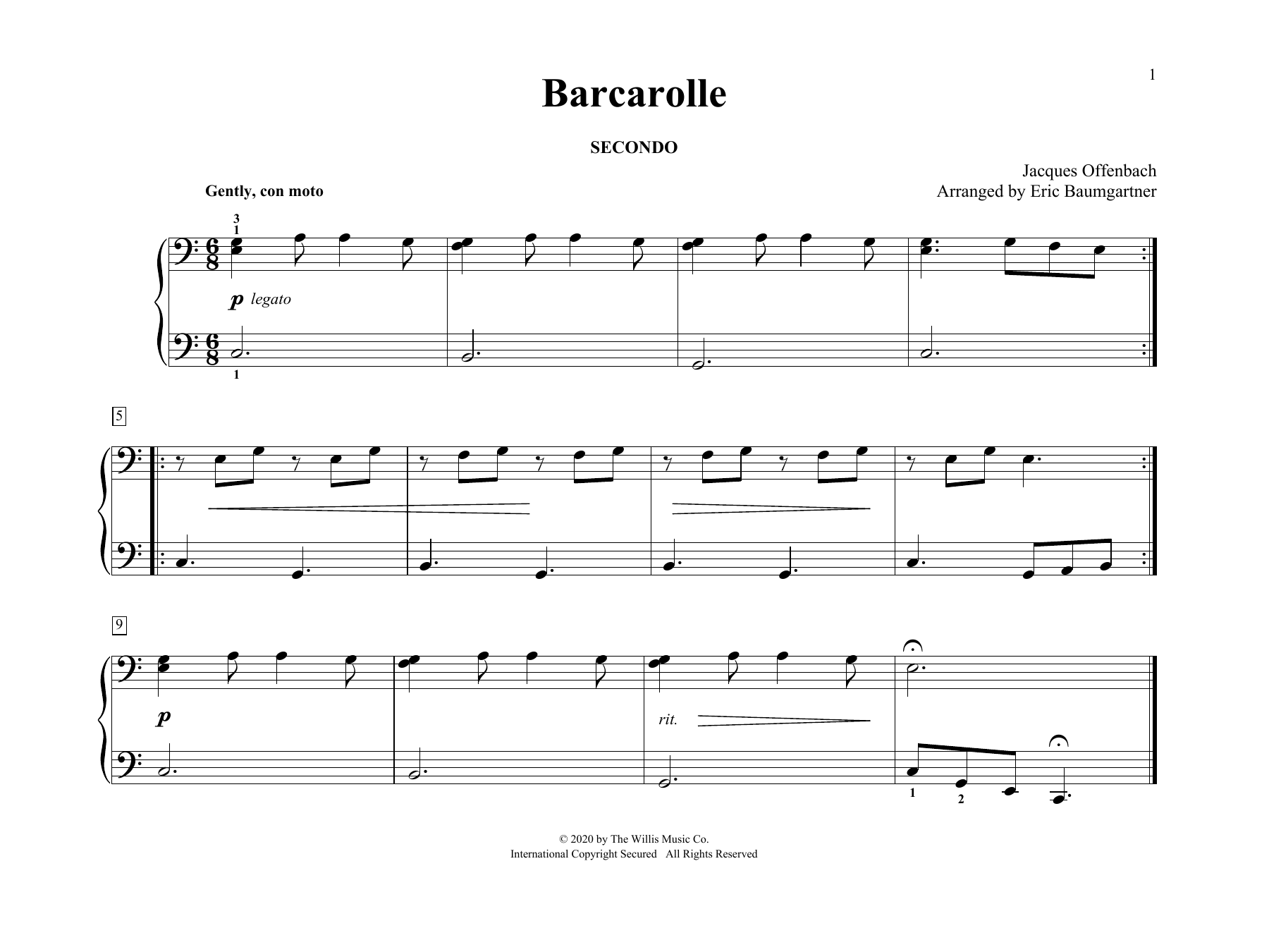 Learn to play Jacques Offenbach Barcarolle (arr. Eric Baumgartner) sheet music for Piano Duet in minutes. Price: 7.8900$ Jacques Offenbach Barcarolle (arr. Eric Baumgartner) sheet music notes and chords arranged for Piano Duet